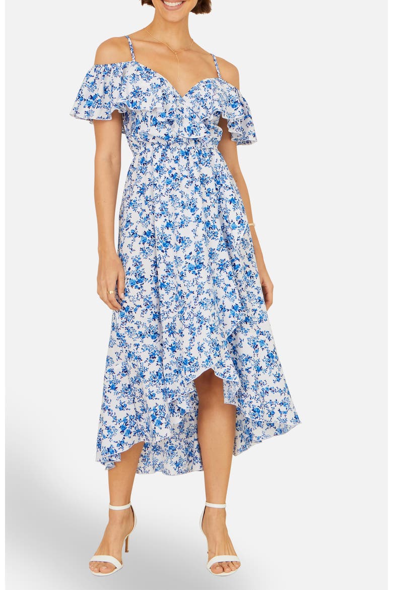 Floral Print Bardot Midi Dress, Alternate, color, Blue