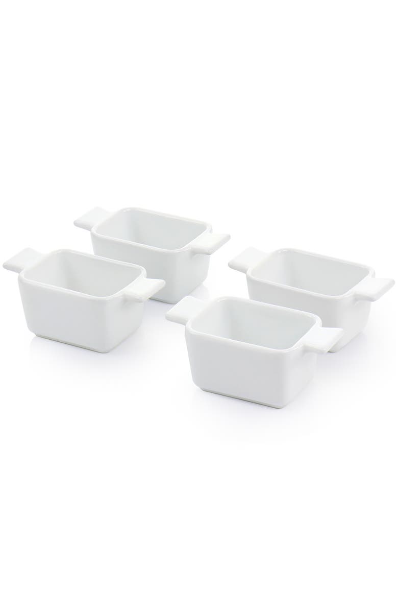 Gibson Elite Gracious Dining 5 Piece Fine Ceramic Tidbit Dish Set with Acacia Wood Base, Alternate, color, White