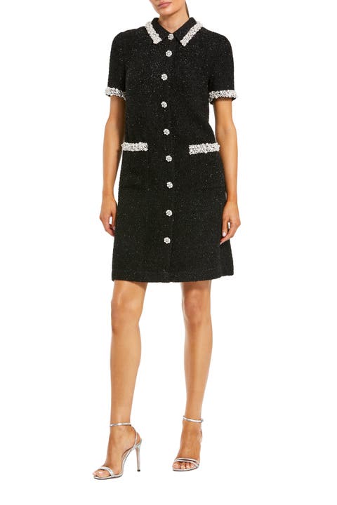Pearl Embellished Boucle Short Sleeve Mini Dress