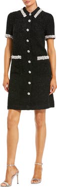 Mac Duggal Pearl Embellished Boucle Short Sleeve Mini Dress
