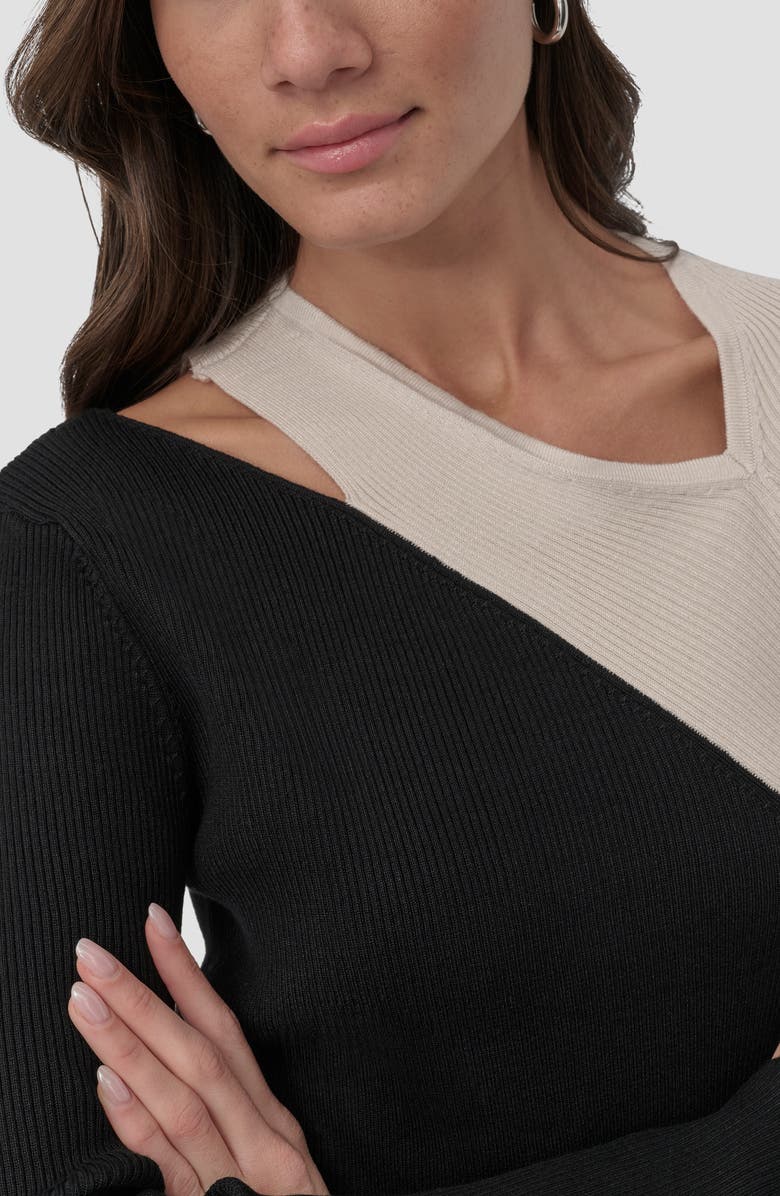 DKNY Colorblock Shoulder Cutout Long Sleeve Sweater, Alternate, color, Black/ Latte City