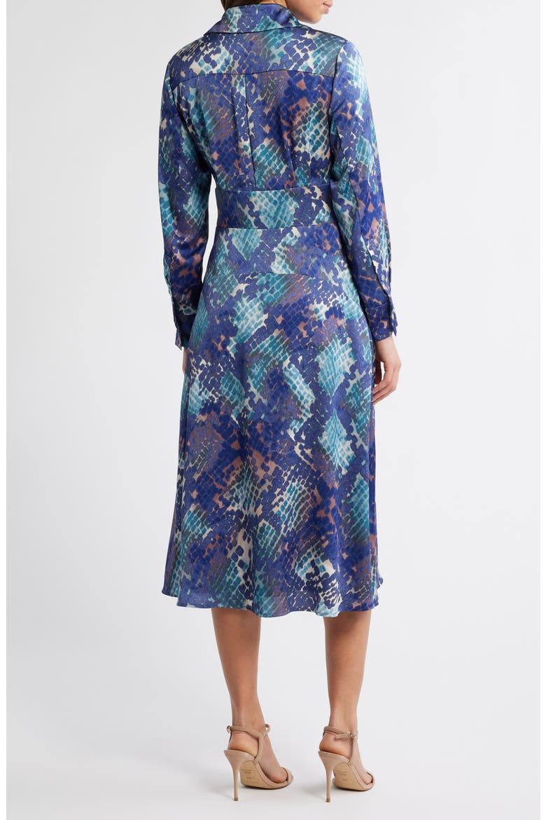 Long Sleeve Hammered Satin Wrap Front Shirtdress, Alternate, color, INDIGO SNAKE