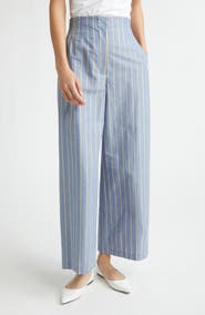 Lela Rose Stripe Hollywood Waist Cotton & Linen Wide Leg Ankle Pants