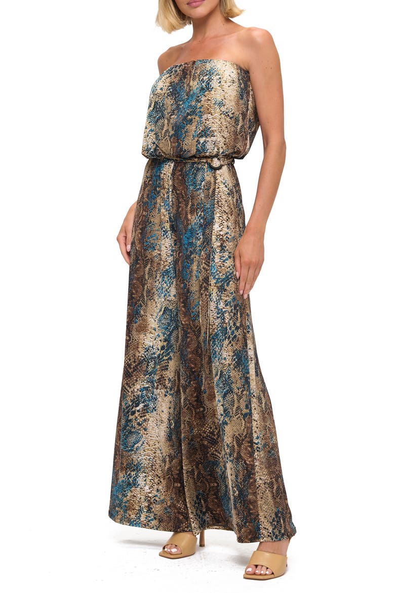 Printed Strapless Wide Leg Jumpsuit, Alternate, color, TEAL