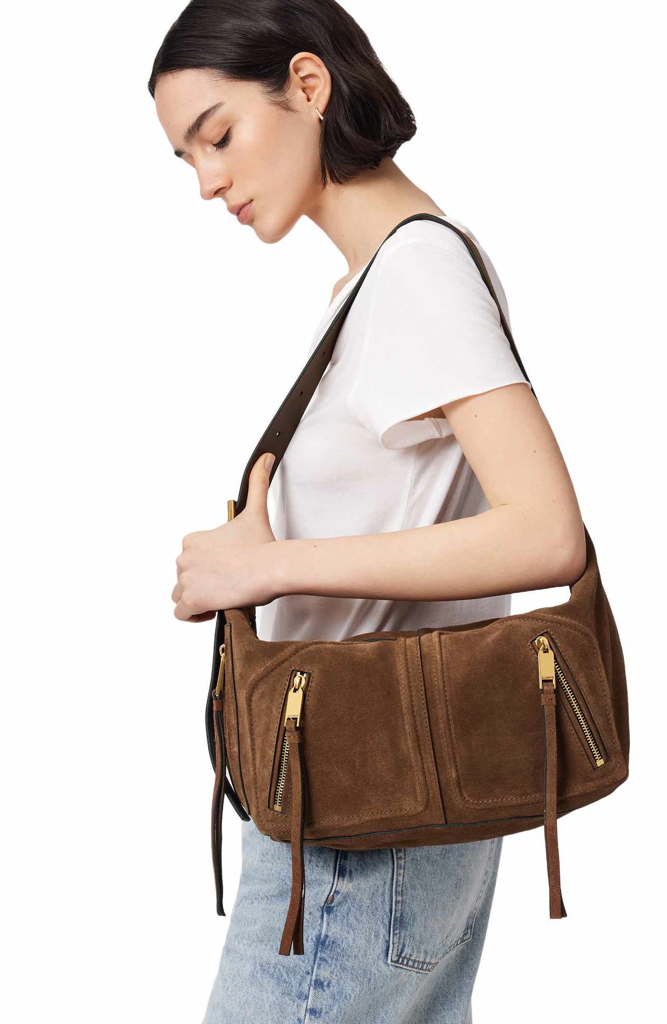 AllSaints Jean Rey Suede Shoulder Bag, Alternate, color, Sugar Brown
