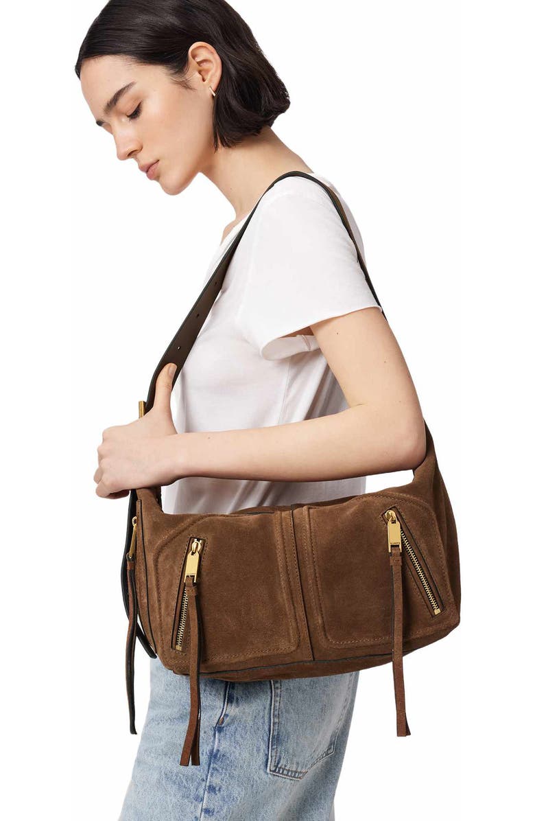 AllSaints Jean Rey Suede Shoulder Bag, Alternate, color, Sugar Brown