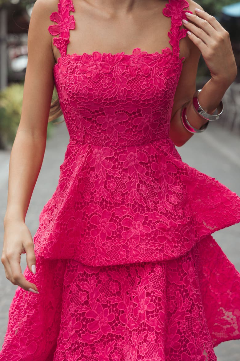 Sleeveless Embroidered Lace Ruffle Midi Dress, Alternate, color, Hot Pink