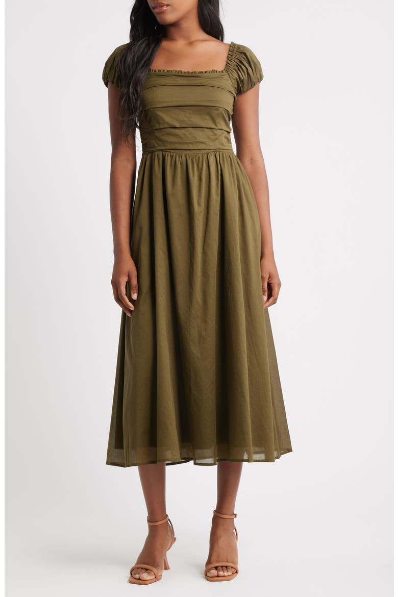 Gathered Bodice Cotton Midi Dress, Main, color, OLIVE
