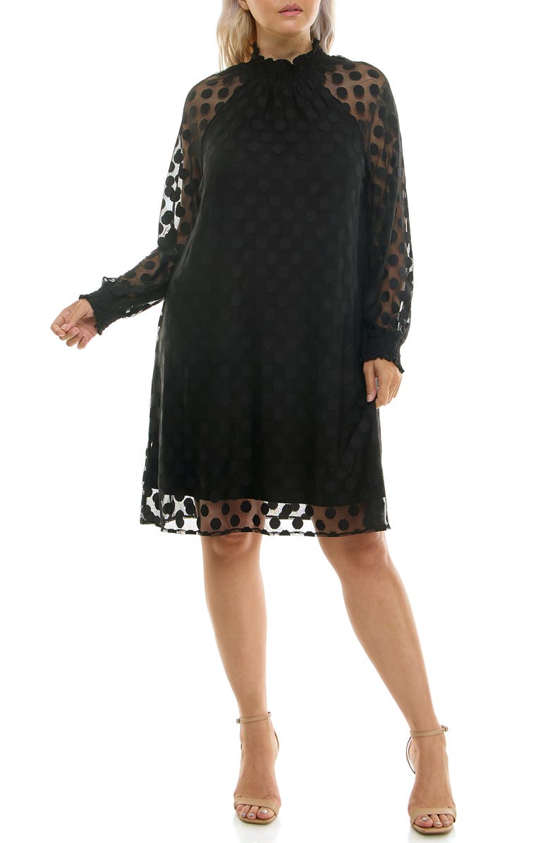 Nina Leonard Polka Dot Long Sleeve Trapeze Dress, Main, color, Black