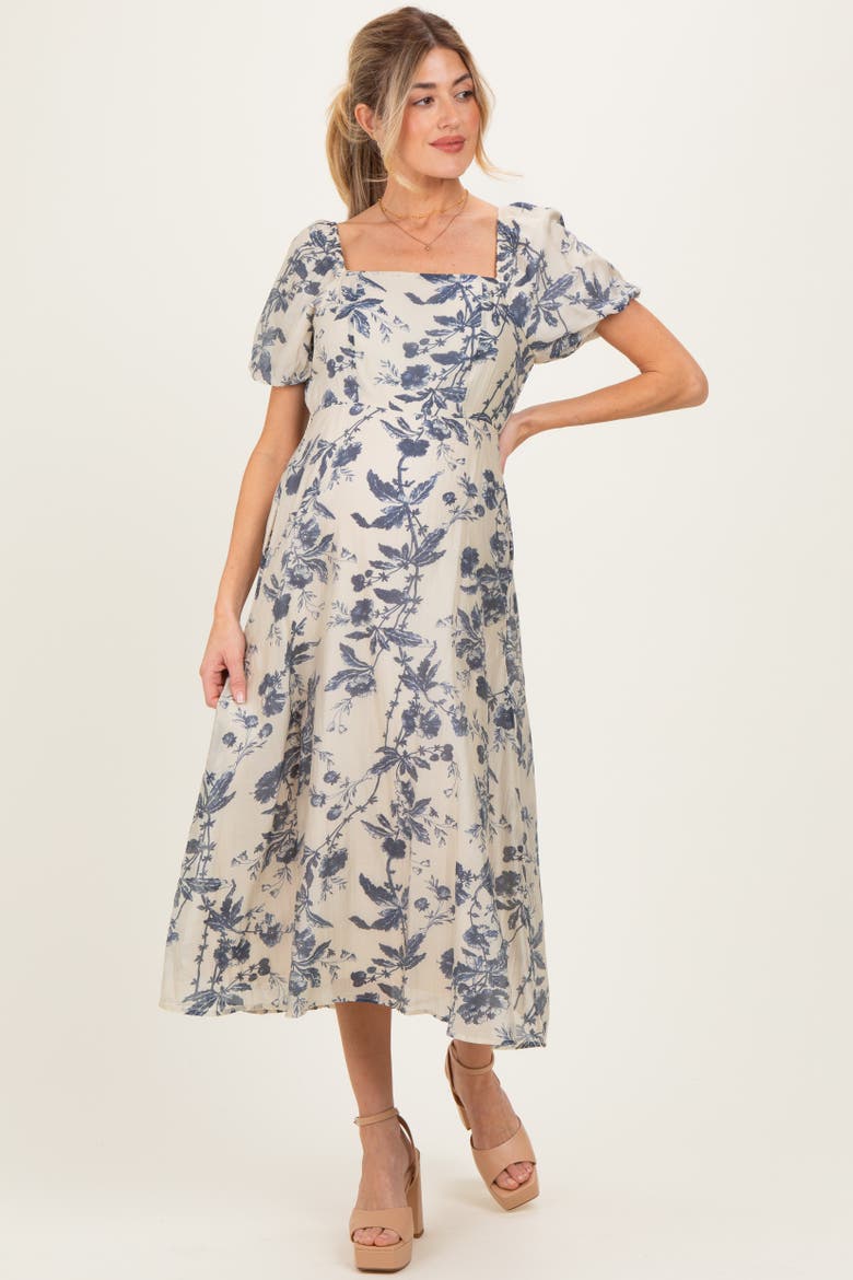 Floral Square Neck Puff Sleeve Midi Dress, Alternate, color, Navy Blue