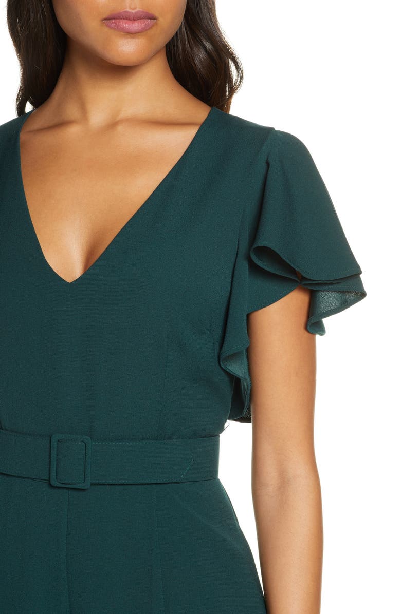 Eliza J Flutter Sleeve Belted Satin Jumpsuit, Alternate, color, 