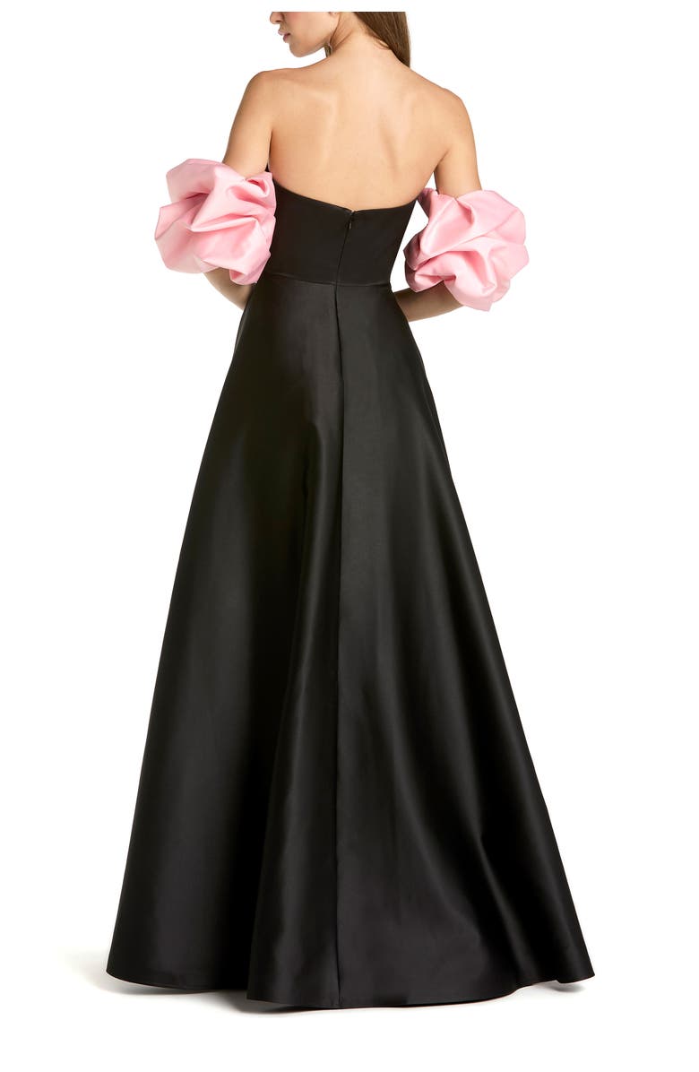Mac Duggal Satin Off The Shoulder Puff Sleeve Ball Gown, Alternate, color, Black Pink