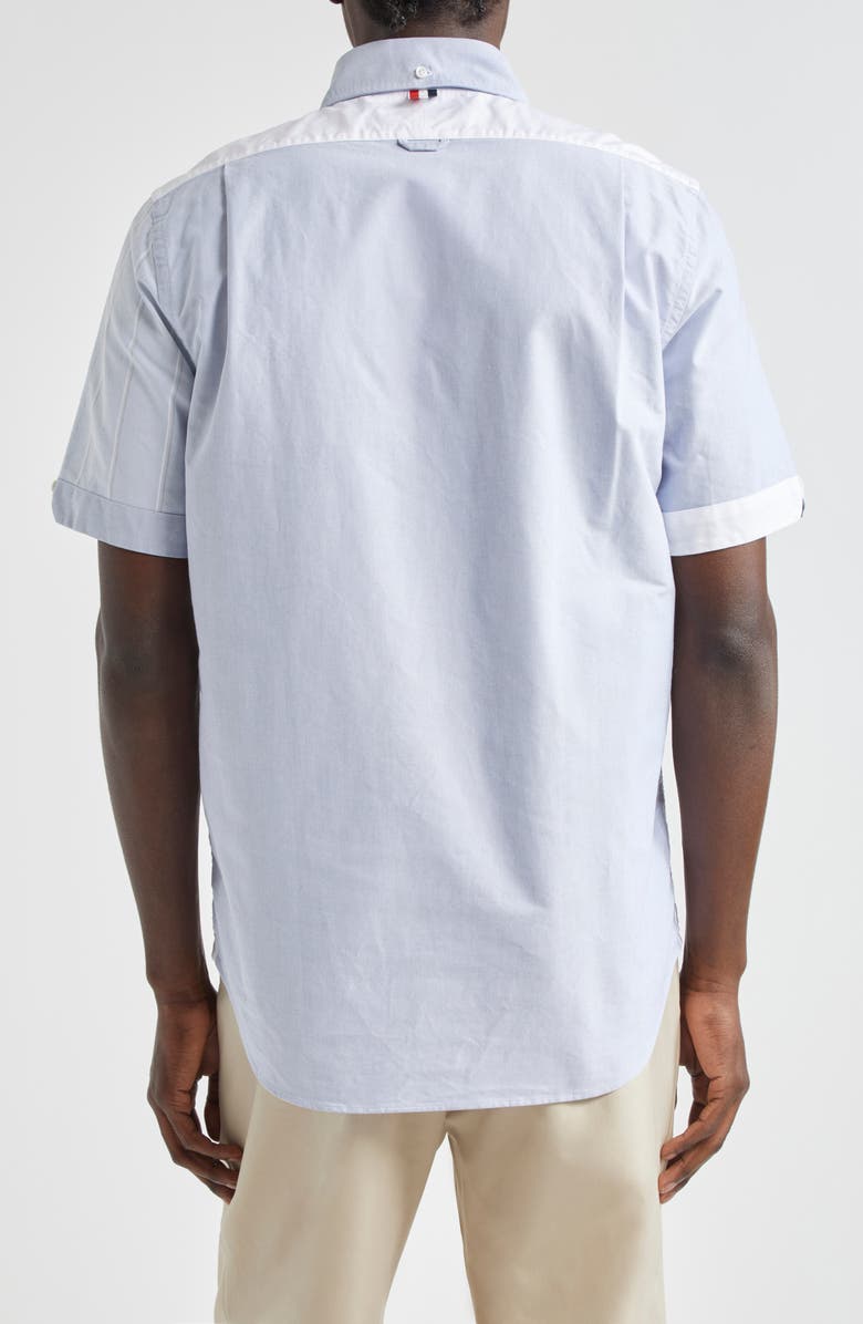 Thom Browne Straight Fit Colorblock Short Sleeve Cotton Button-Down Shirt, Alternate, color, 