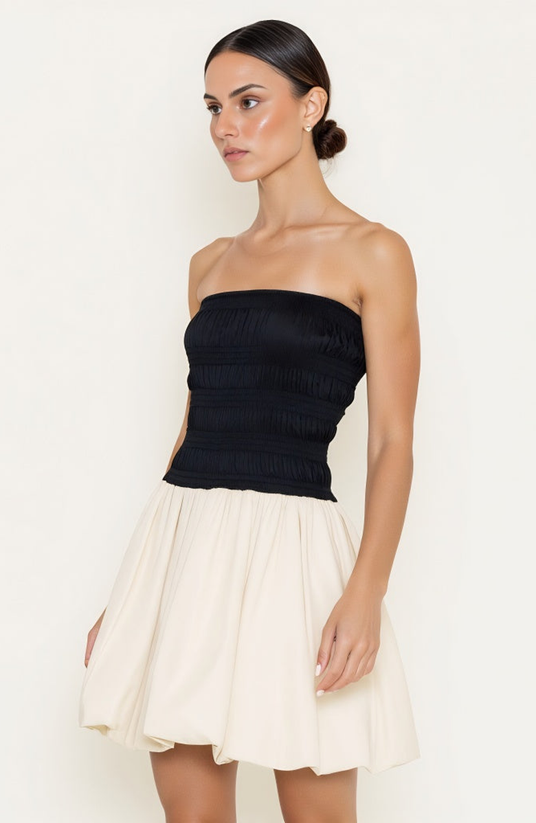 Modenaire Strapless Bubble Hem Mini Dress with Smocked Bodice, Alternate, color, Black / Cream