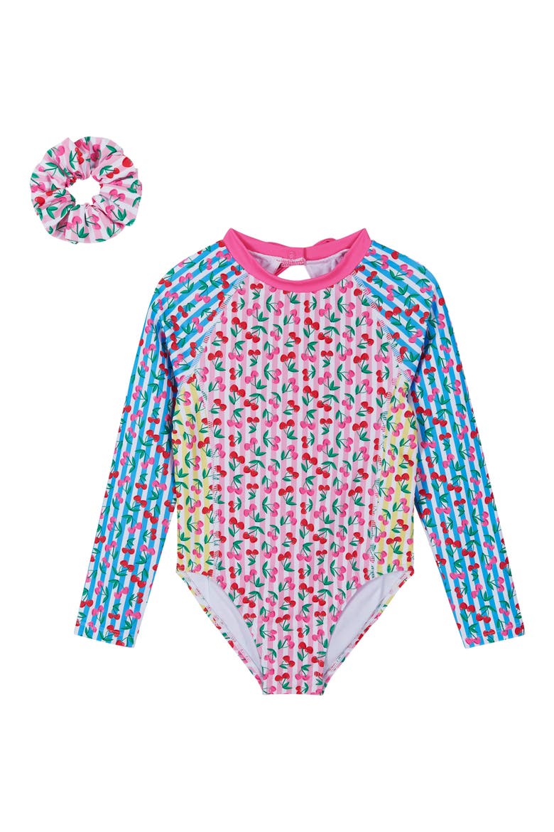 Kids' Long Sleeve One-Piece Rashguard Swimsuit with Scrunchie, Main, color, PINK CHERRY