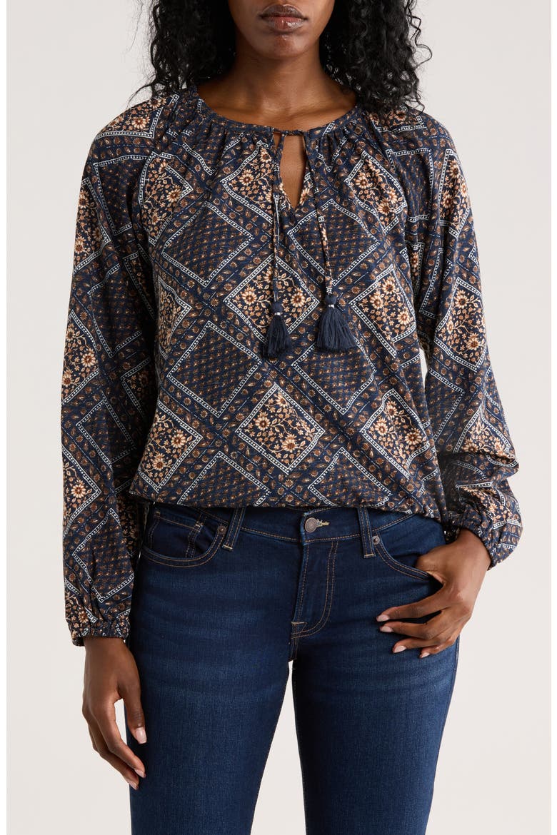 Tie Neck Bubble Hem Top, Main, color, NAVY MULTI