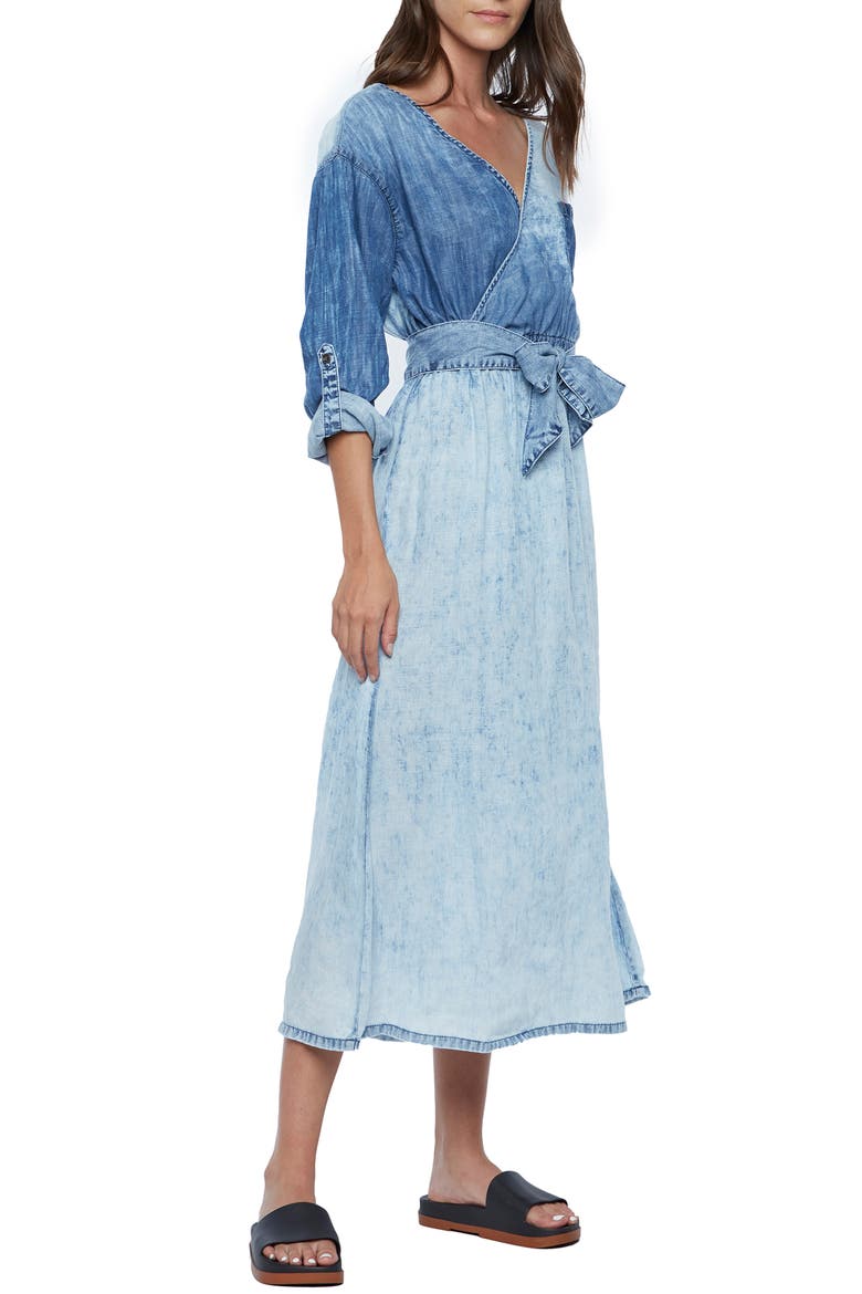 Crossover Faux Wrap Denim Midi Dress, Alternate, color, NYMPH BLUE