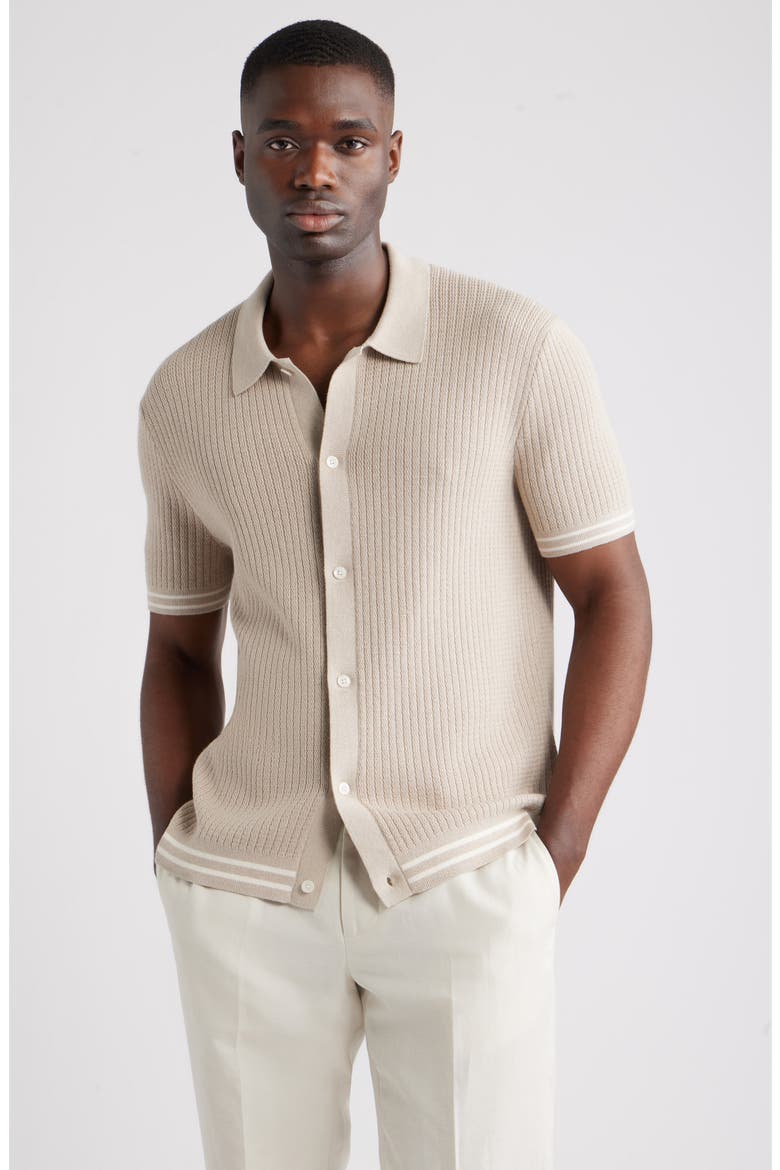 Short Sleeve Ribbed Cotton & Silk Cardigan, Main, color, BEIGE OAK HEATHER