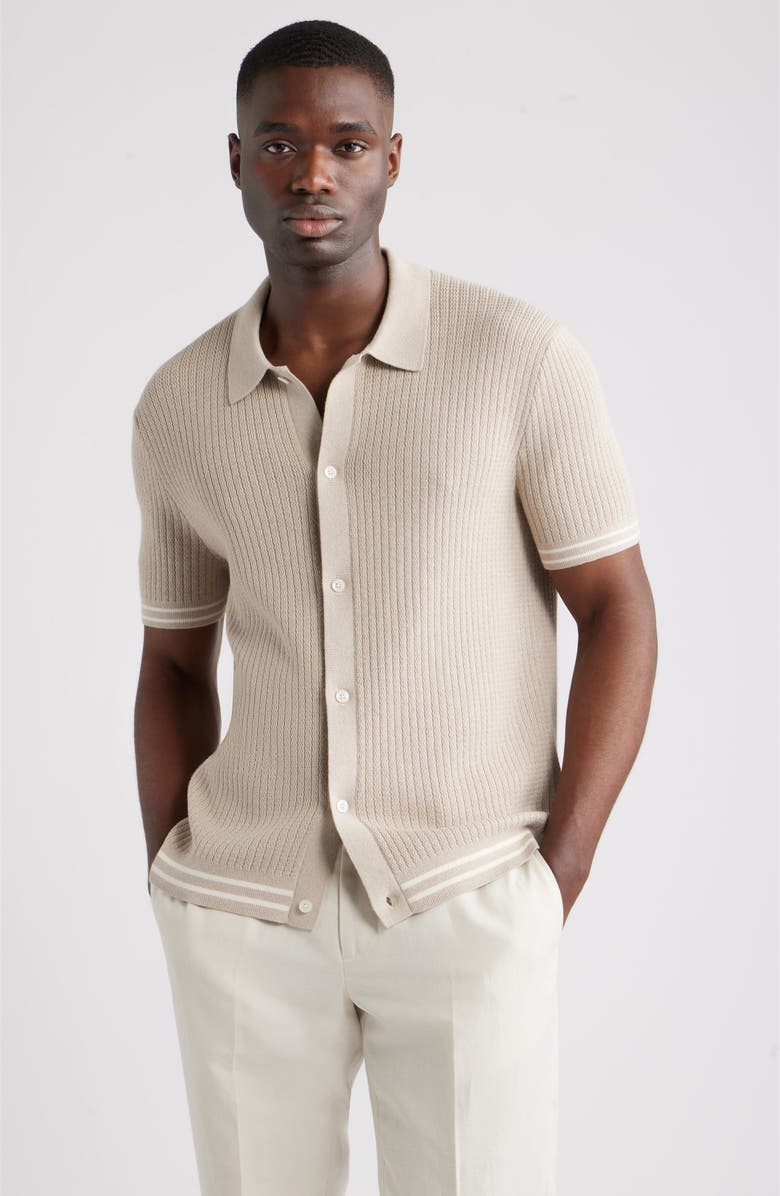 Nordstrom Short Sleeve Ribbed Cotton & Silk Cardigan, Main, color, Beige Oak Heather