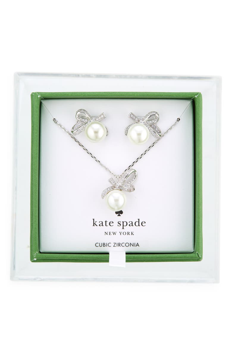 Kate Spade New York all tied up pendant necklace and stud earrings set, Main, color, Cream/ Silver.