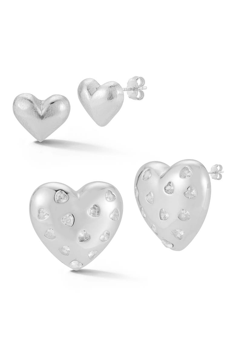 Set of 2 Cubic Zirconia Heart Stud Earrings, Main, color, SILVER