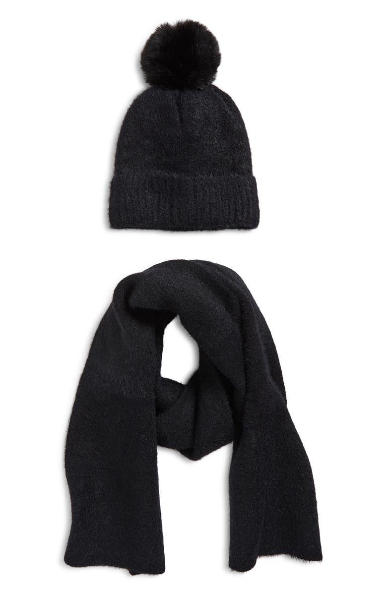 Tasha Pompom Beanie & Scarf Set, Main, color, Black