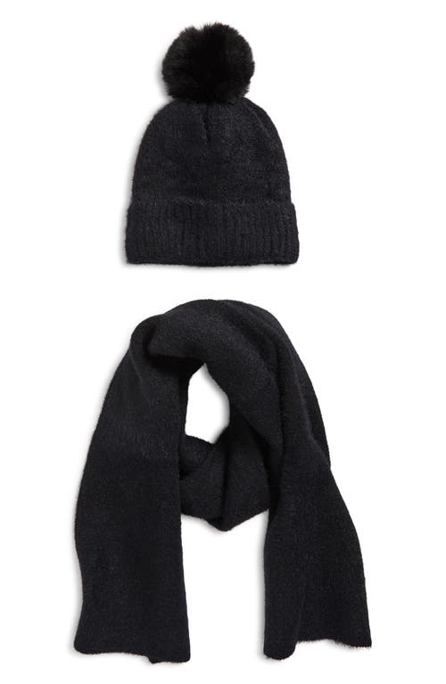 Tasha Pompom Beanie & Scarf Set In Black