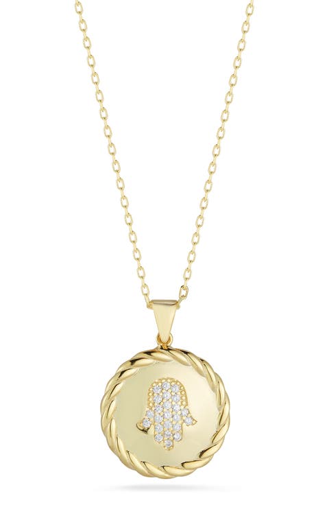 Pavé Hamsa Round Pendant Necklace