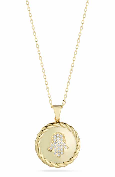 Pavé Hamsa Round Pendant Necklace