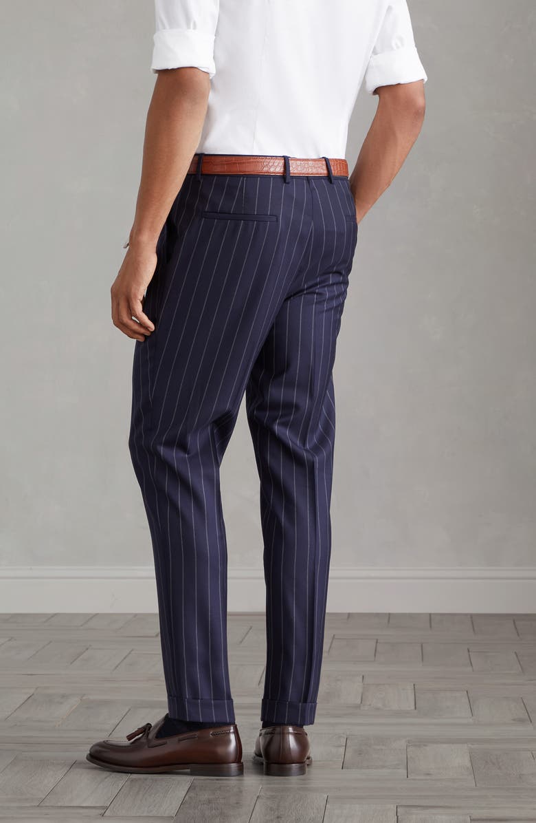 Brunello Cucinelli Leisure fit trousers in super 150s virgin wool wide chalk stripe batavia with pleat, Alternate, color, 