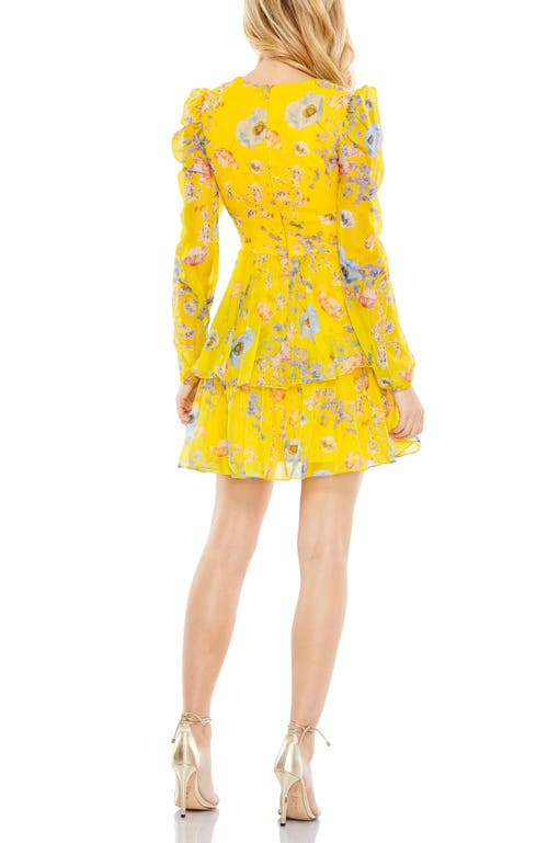 Mac Duggal Floral Print Puff Sleeve Ruffled Mini Dress In Yellow Multi