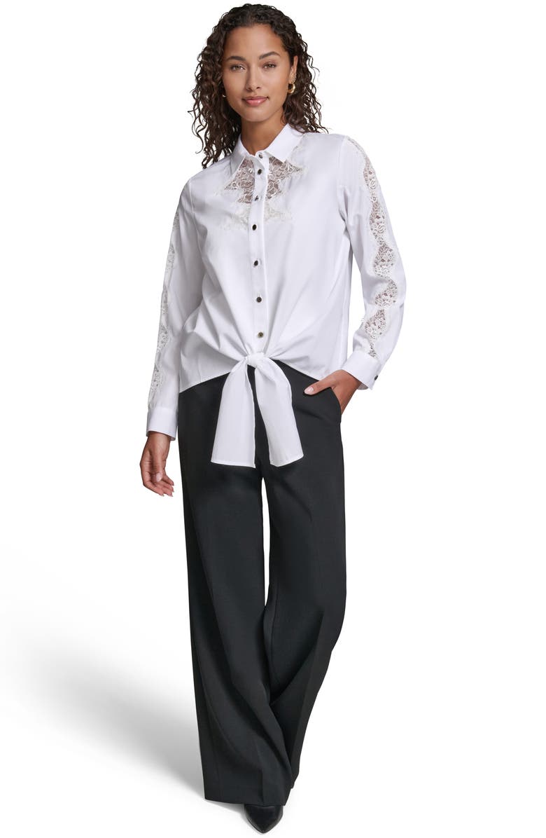 KARL LAGERFELD PARIS Lace Inset Front Tie Shirt, Alternate, color, 