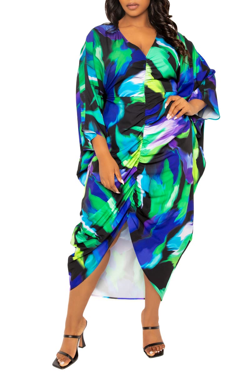 BUXOM COUTURE Abstract Floral Center Ruched Dress, Alternate, color, Blue Multi