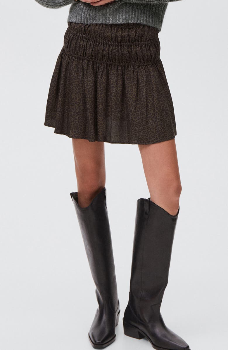 MANGO TEEN Leopard Print Shirred Miniskirt, Main, color, Brown