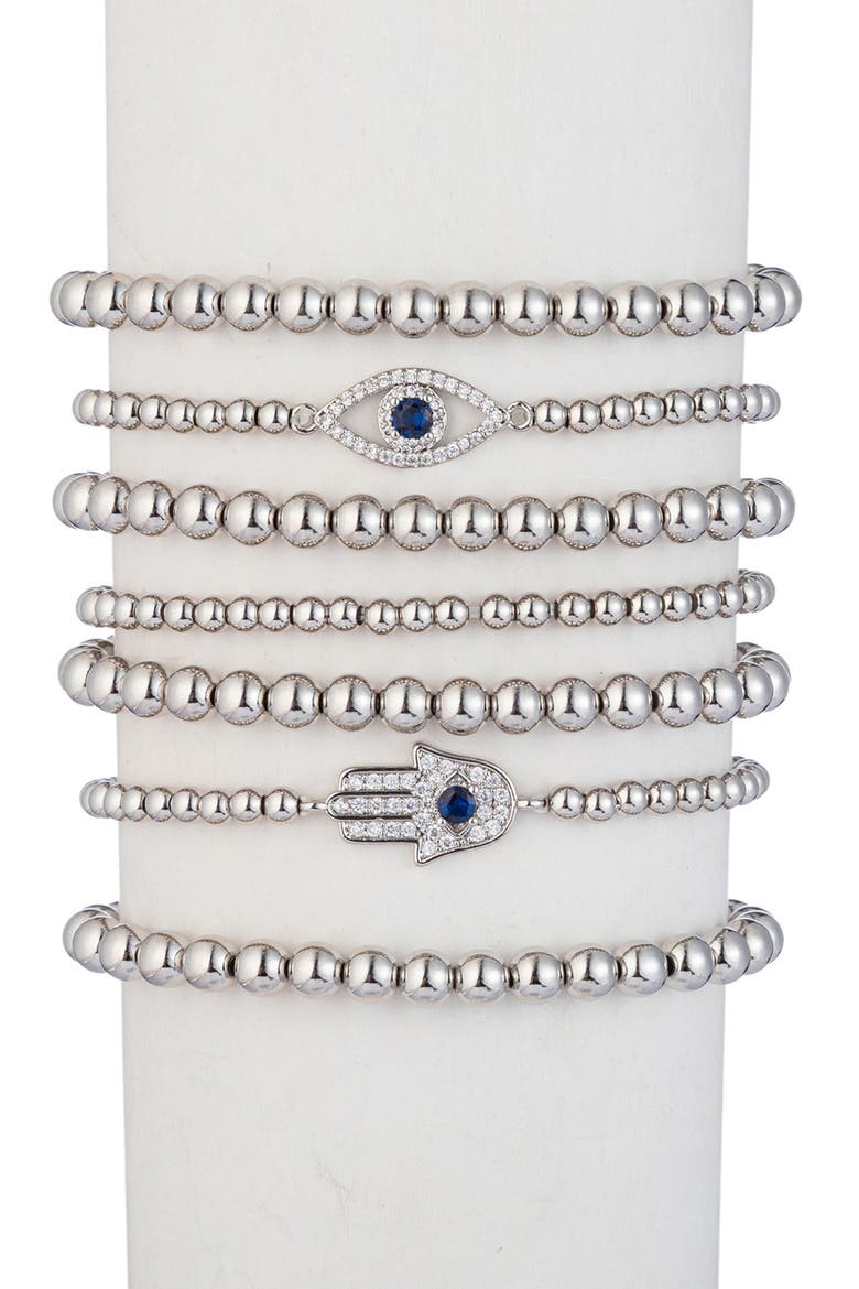 Sanaz Evil Eye & Hamsa Beaded Stretch Bracelet Set, Main, color, SILVER