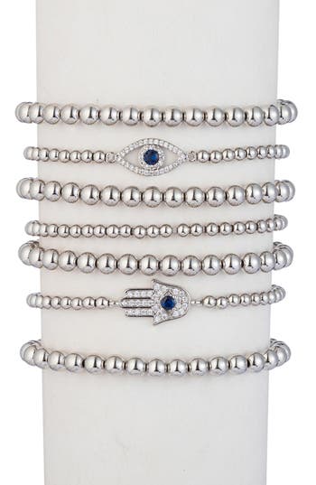 Eye Candy Los Angeles Sanaz Evil Eye & Hamsa Beaded Stretch Bracelet Set In Silver