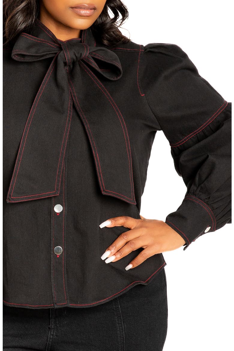 Bow Neck Puff Shoulder Denim Shirt, Alternate, color, DENIM BLACK