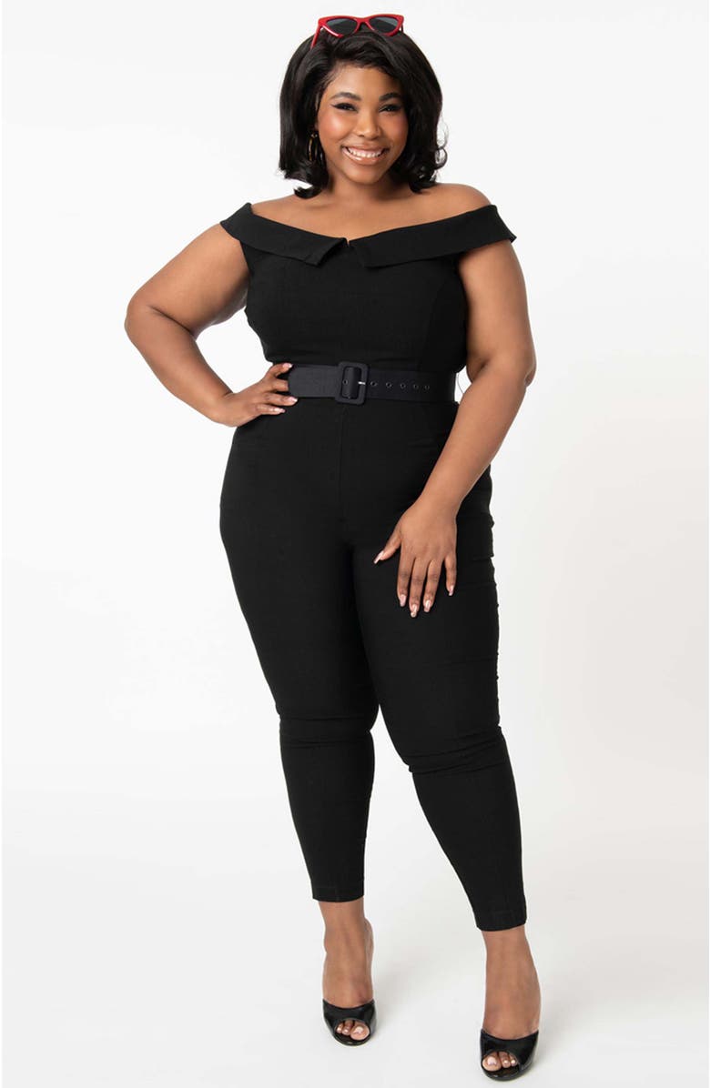 Unique Vintage Plus Size Off Shoulder Gillian Jumpsuit, Main, color, Black