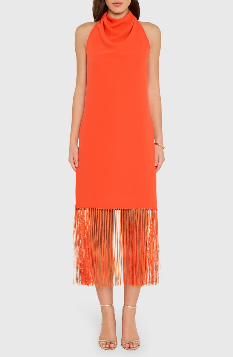 Amanda Uprichard Syd Cowl Neck Fringe Midi Dress, Main, color, Mandarin