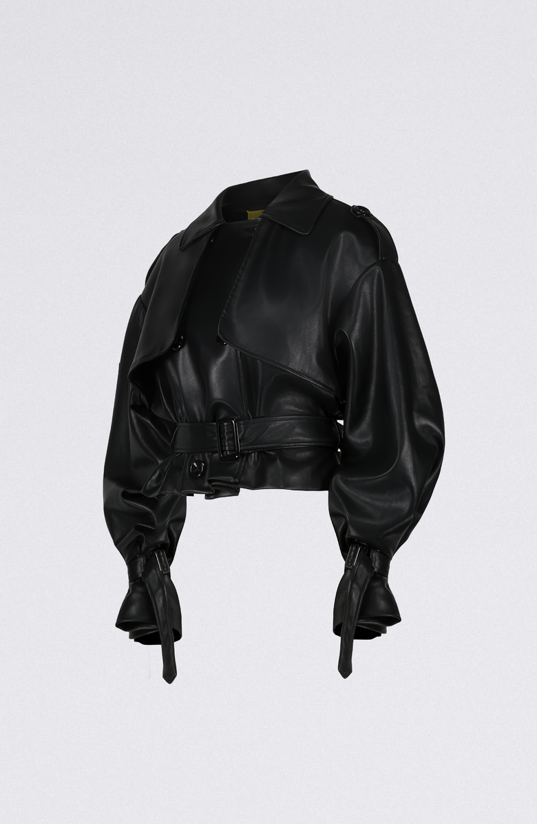 SAEMDI Cropped PU Trench Jacket, Alternate, color, Black