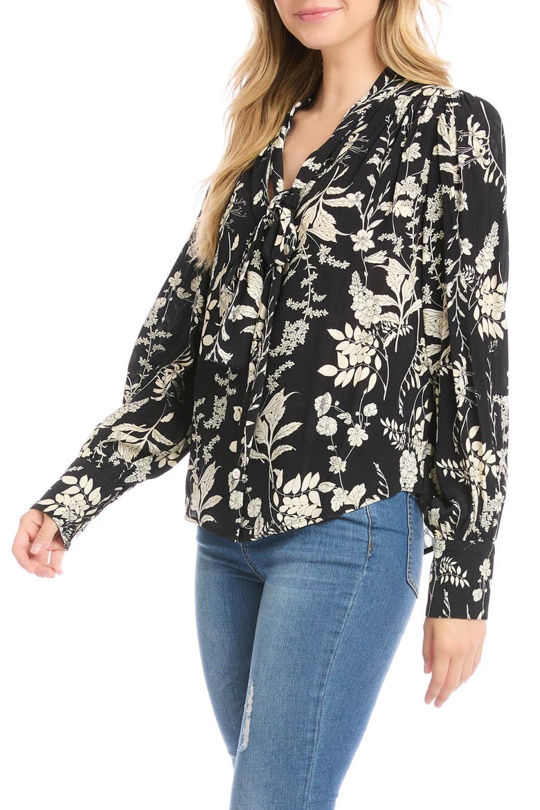 Tie Neck Floral Print Blouse, Alternate, color, BLACK W/ CREAM