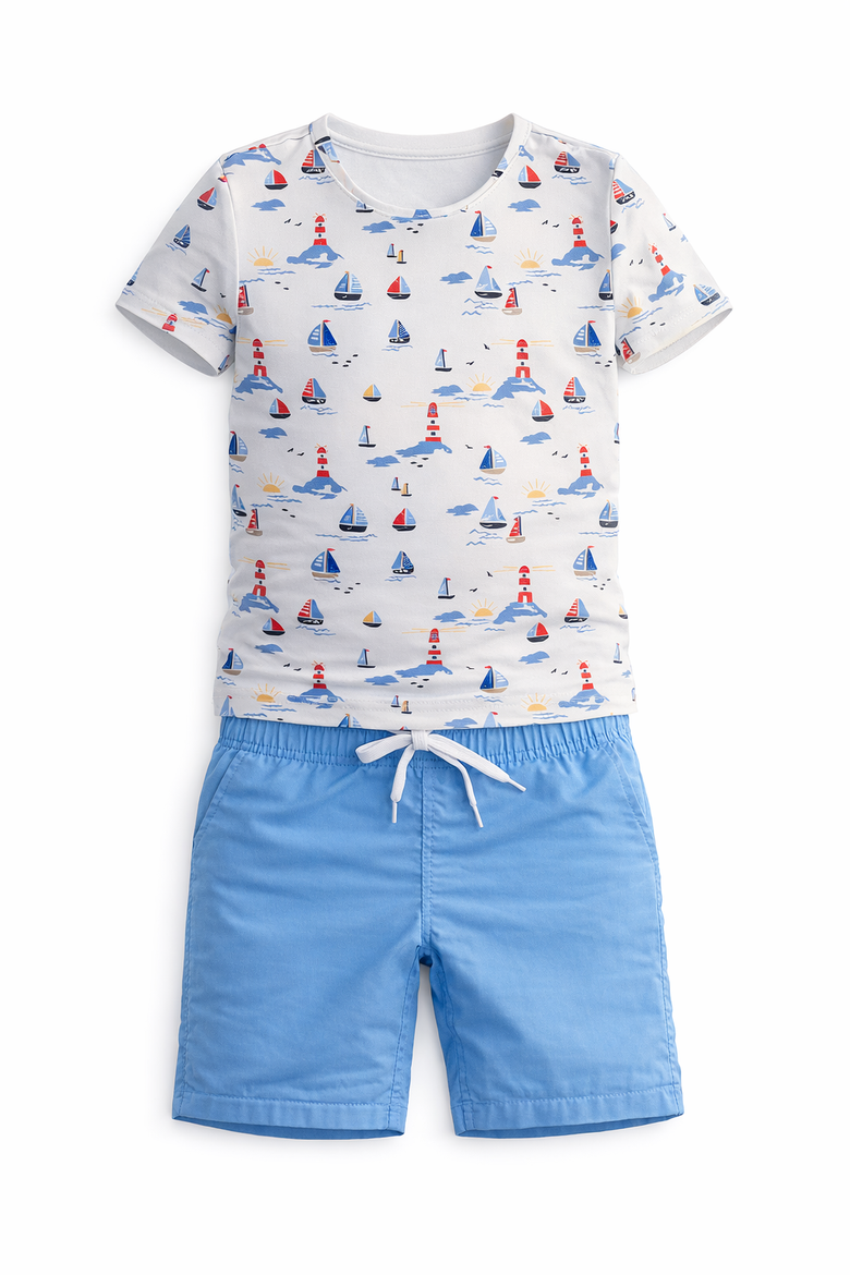 Sailboat Short Sleeve Top and Drawstring Shorts Two Piece Swim Set, Main, color, Blue