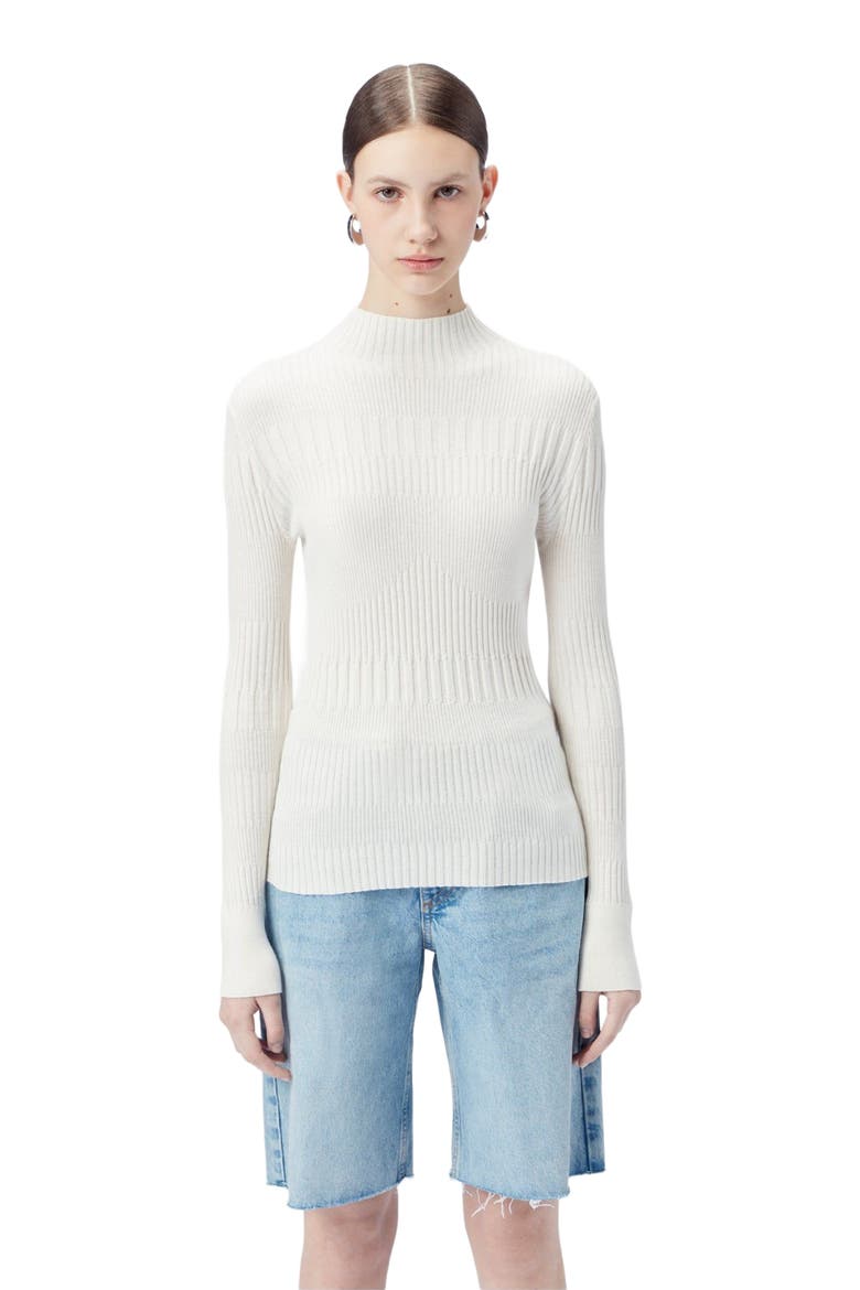 High-neck Ribbed Cotton Silk Cashmere Blend Sweater, Alternate, color, whisper white