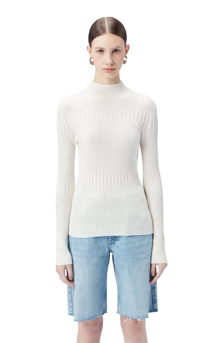 GOBI Mongolian Cashmere High-neck Ribbed Cotton Silk Cashmere Blend Sweater, Main, color, Whisper White