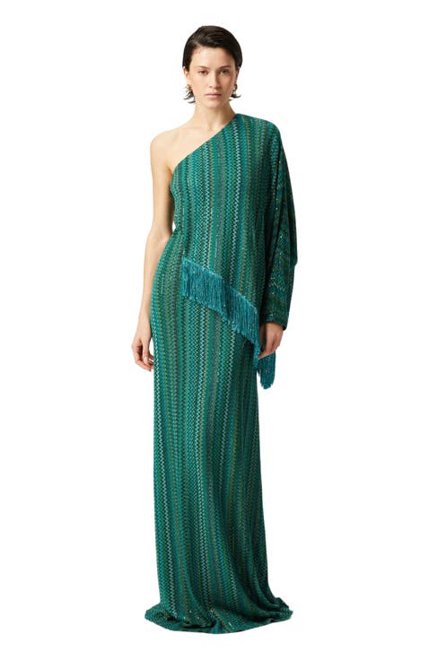 Long One-shoulder Zigzag Dress With Sequins And Fringes