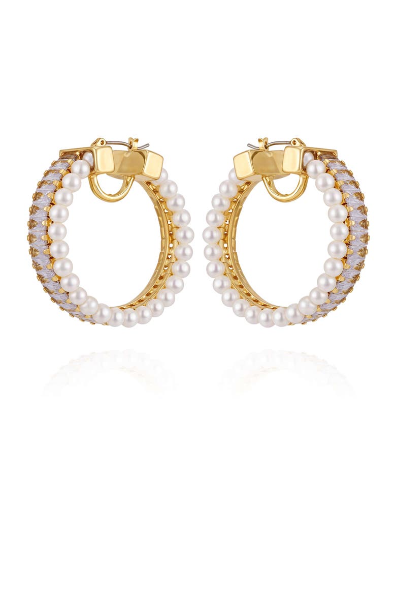 Hoop Earrings with Pearls Baguette Crystals, Alternate, color, 14K Gold Plated