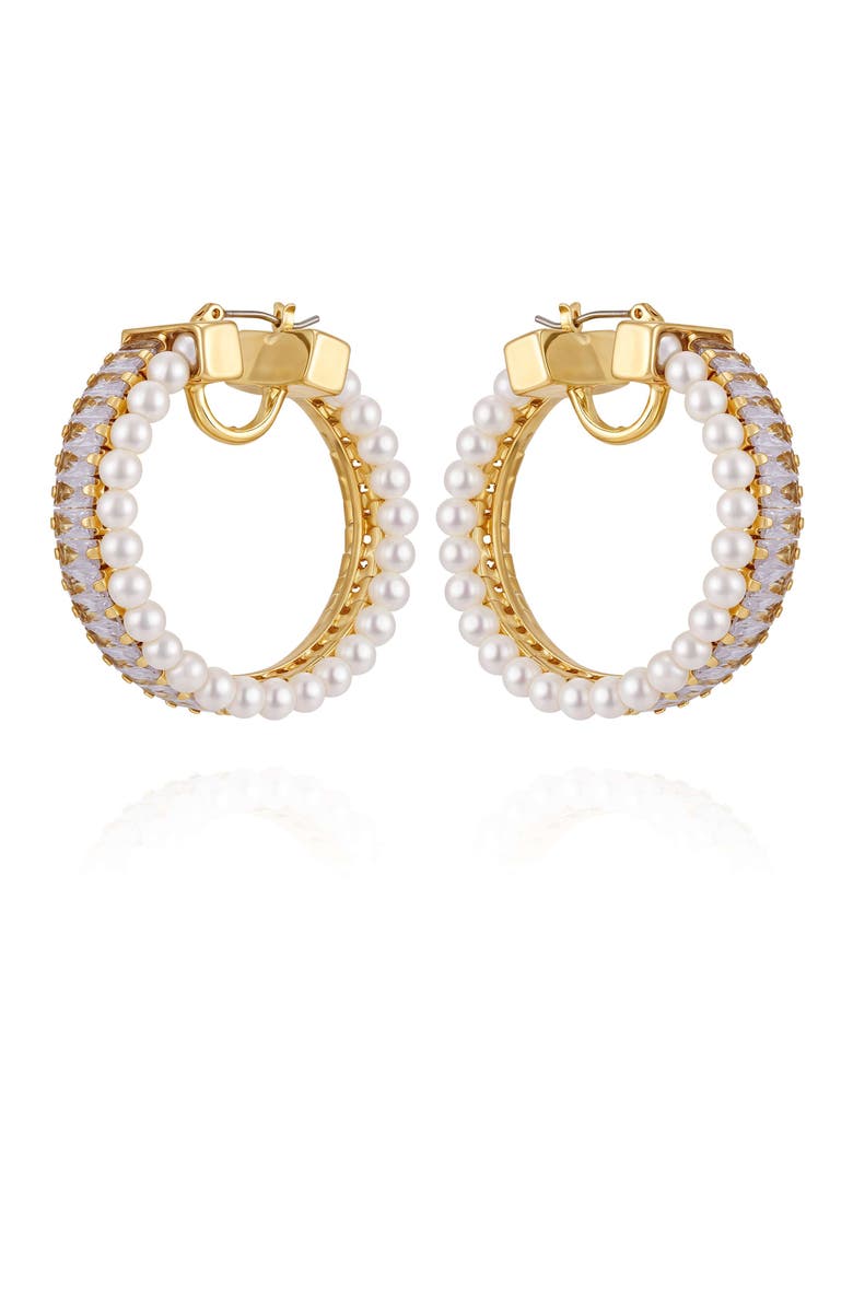 Vince Camuto Hoop Earrings with Pearls Baguette Crystals, Alternate, color, 14K Gold Plated