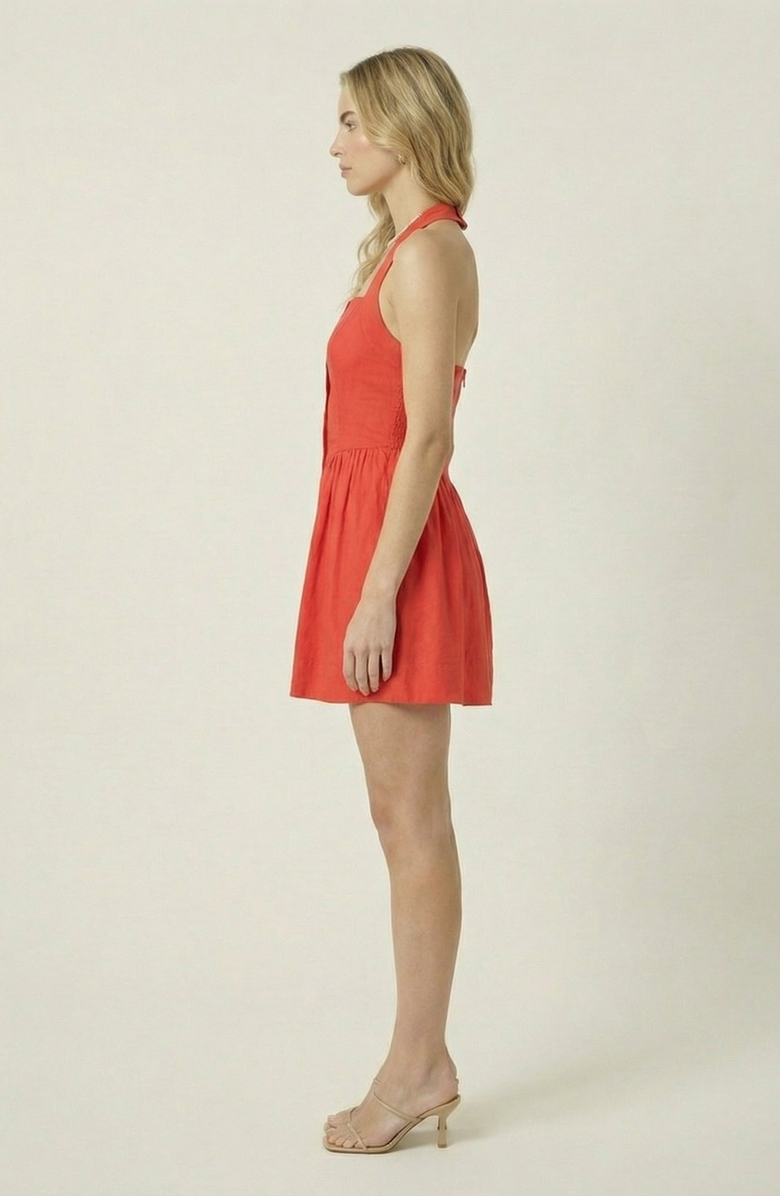 Modenaire Halter Mini Dress with Button Front and Flared Skirt, Alternate, color, Coral Red