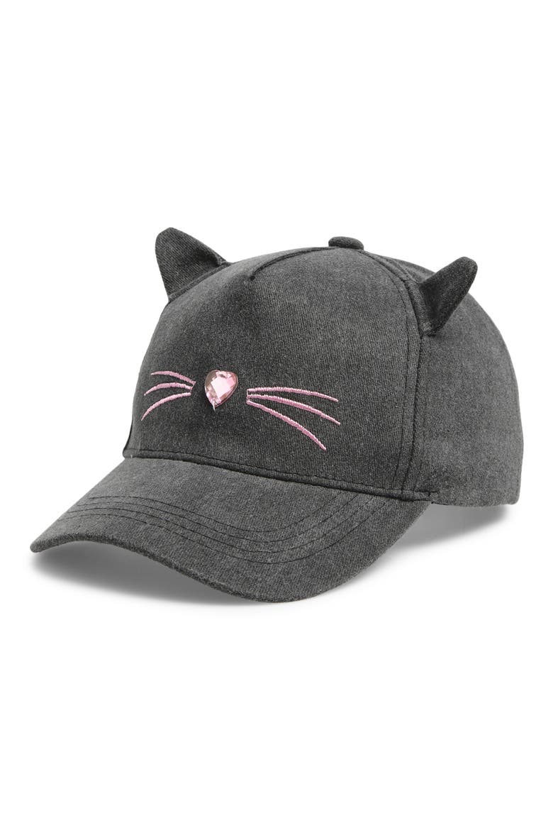 Kids' Washed Denim Kitty Baseball Cap, Main, color, BLACK COMBO