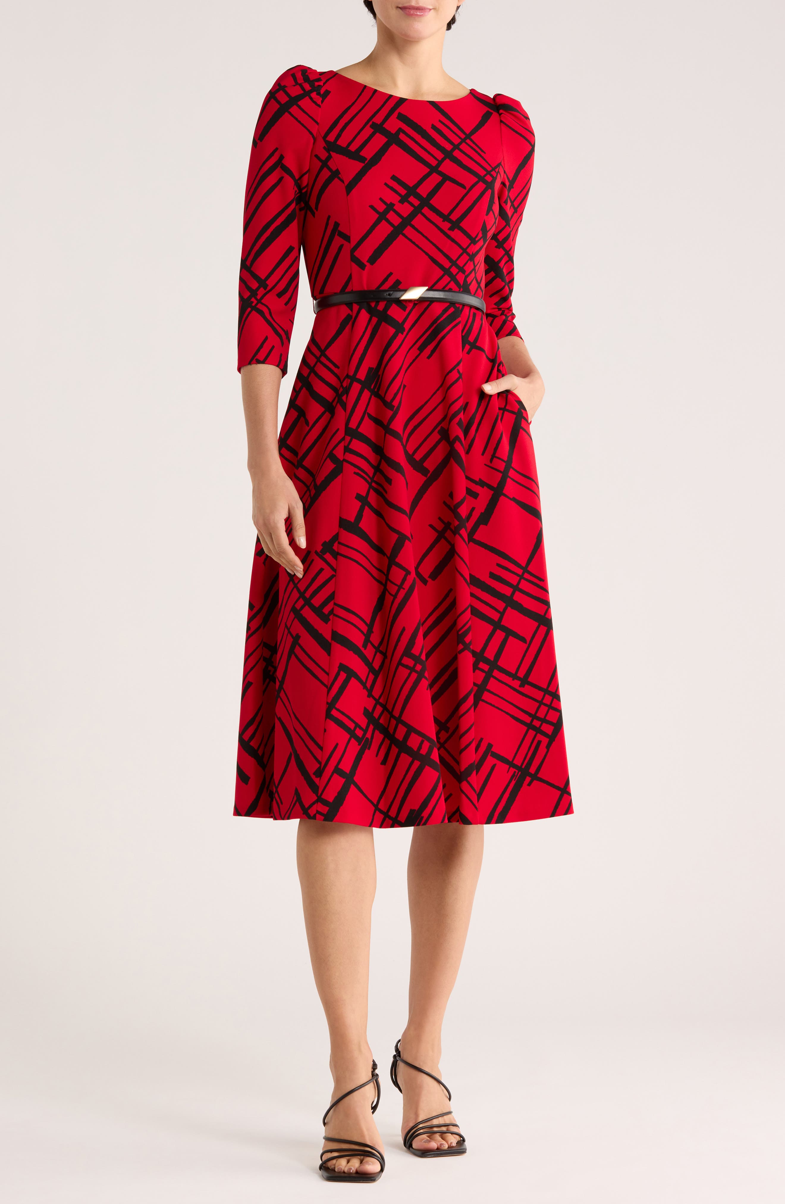 Calvin Klein Plaid Belted A-Line Midi Dress